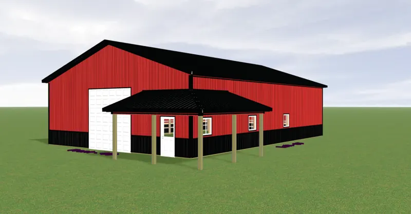 3D preview of a metal building with a gable extension porch