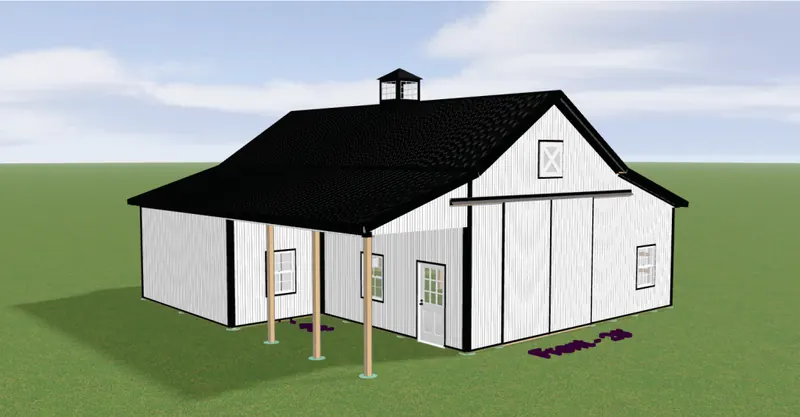 3D preview of a barndominium-style metal building with porch