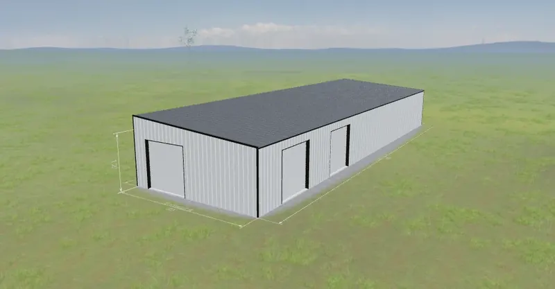 3D preview of a single slope metal building with roll-up doors