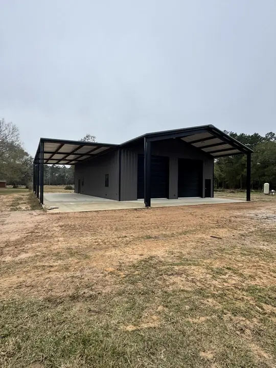 Dark building with a lean-to
