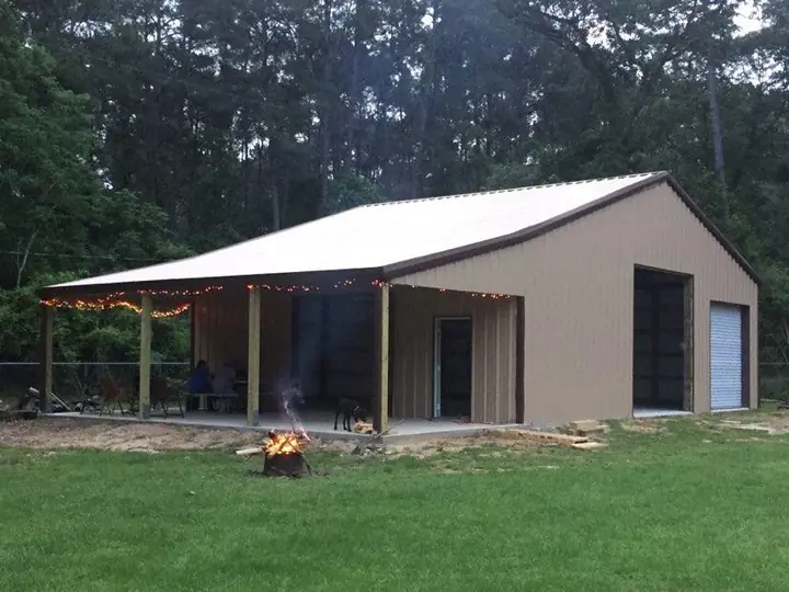 Tan building with an open porch