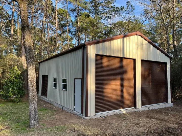 Tan shop with brown roll-up doors